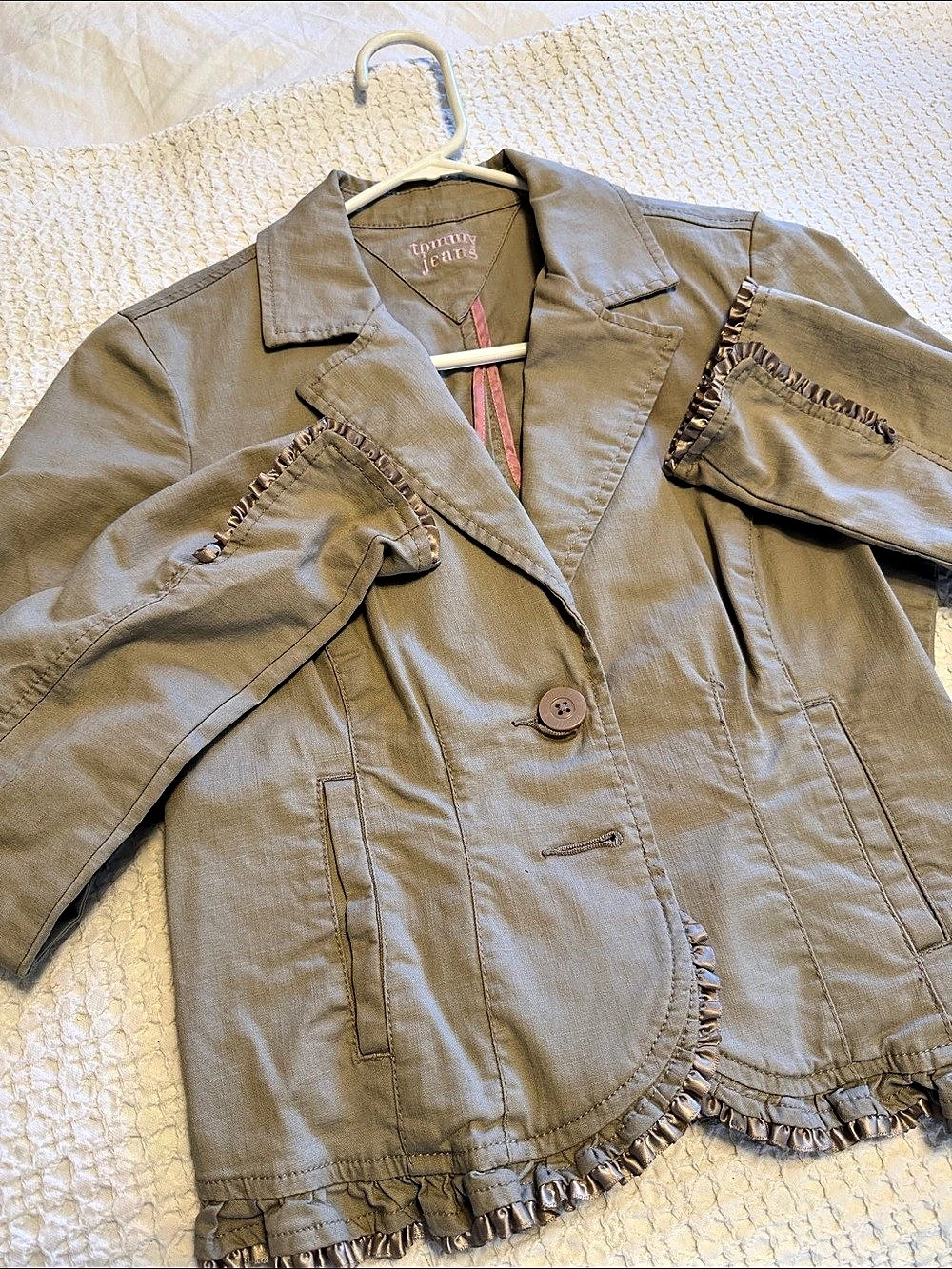 Tommy Jeans Olive Utility Jacket Ruffle Trim Like New